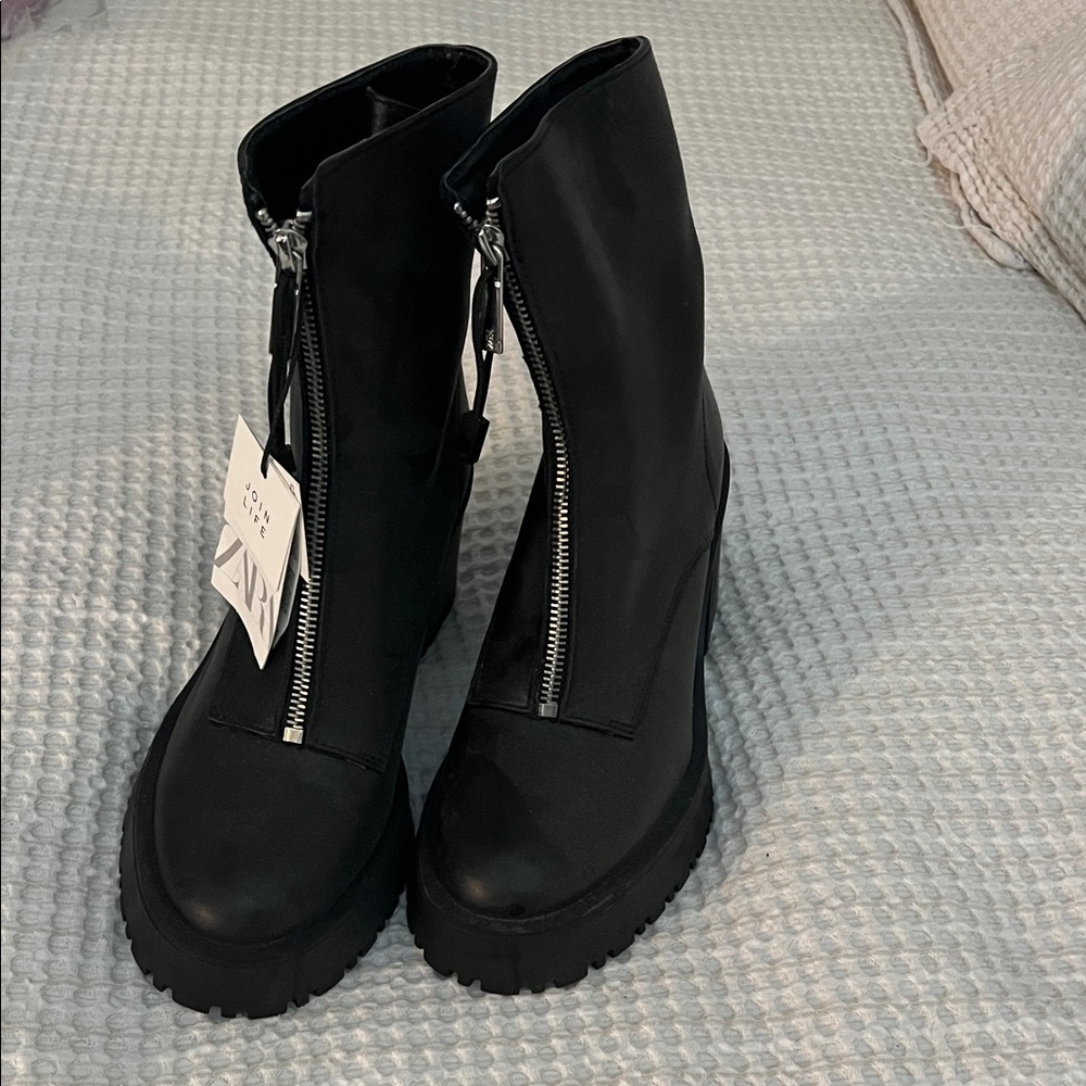 Zara Black Combat Boots with Silver Zipper